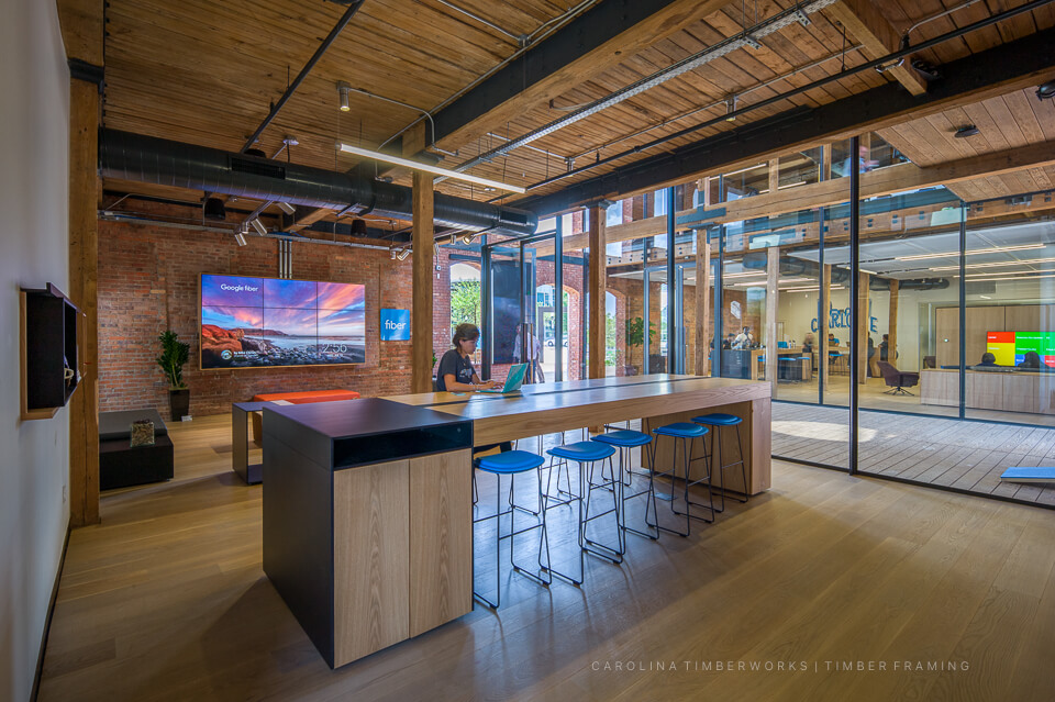 reclaimed wood beams in Google office